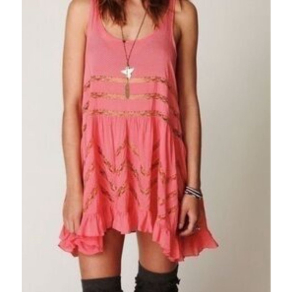 Free People Other - Intimately Free People Coral Polka Dot Voile & Lace Trapeze Boho Slip Dress L